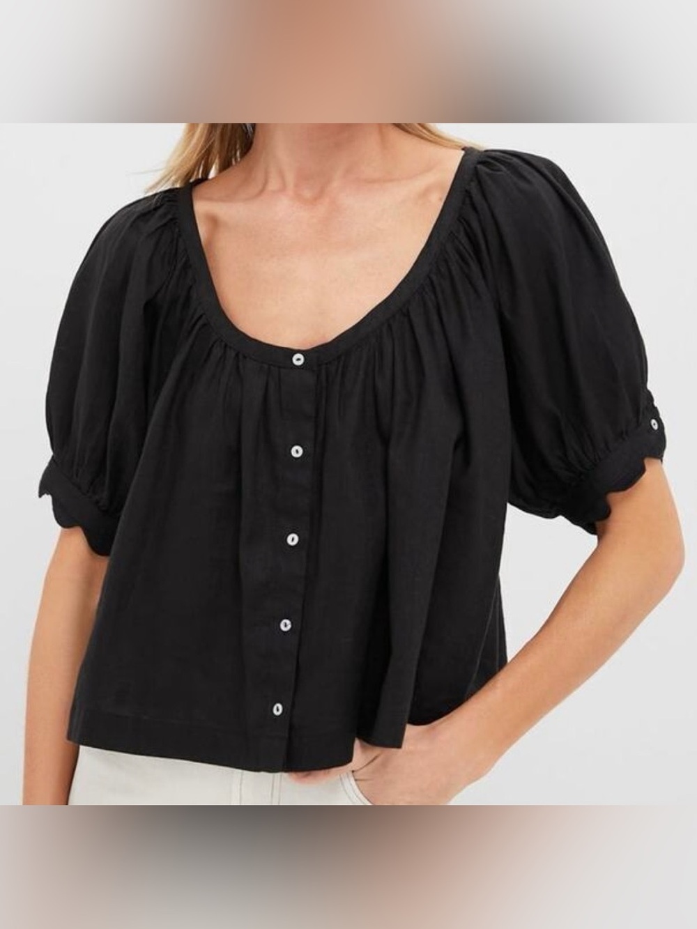 Tuckernuck Black Linen Tully Puff Sleeve Blouse, Size XS